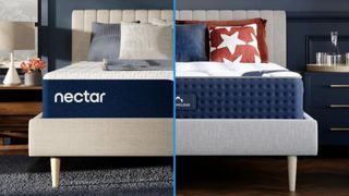 A split screen of the Nectar Classic Memory Foam vs DreamCloud Hybrid Mattress