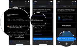 iPhone order pre-approval, showing how to select a payment option, then select an AppleCare+ option, then tap Get Ready for Pre-order