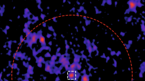 A view of pink and purple blurry dots with a half-circle denoting the area where the radio signals are coming from.