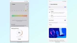 Samsung Health app with screens related to snore tracking and stress monitoring on Galaxy Ring