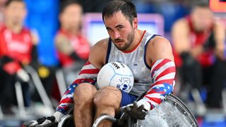 Chuck Aoki of Team USA in action during the Wheelchair Rugby Group A game United States of America vs Canada on day one of the Paris 2024 Summer Paralympic Games at Champs-de-Mars Arena on August 29, 2024 in Paris, France.