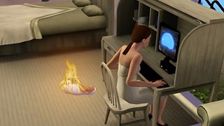 Scene from the Sims where lady leaves baby on fire to go on computer