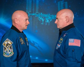 Scott and Mark Kelly (Mark at left) at a press event in 2015 before Scott's nearly yearlong stay on the International Space Station. Researchers carefully tracked both twins over the course of the mission and afterward to observe how Scott's body and capabilities changed due to spaceflight.