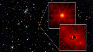 A black background with specks of white, yellow, and blue, one speck is magnified by two dusty red boxes