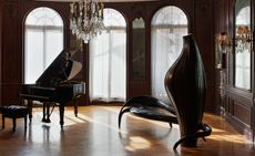 Installation view of the ‘Watch Cabinet’ (pear wood, fumed oak and bronze) at the American Irish Historical Society in New York