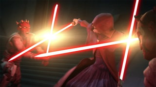 Darth Sidious fighting Darth Maul on Mandalore in Star Wars: The Clone Wars.