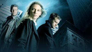 Walter Bishop (John Noble), Olivia Dunham (Anna Torv) and Peter Bishop (Joshua Jackson) in a promotional image for "Fringe"