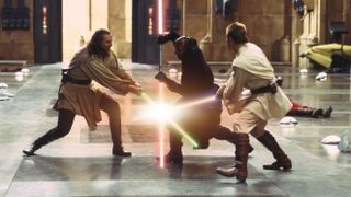 Qui-Gon Jinn and Obi-Wan Kenobi battle against Darth Maul in Star Wars: The Phantom Menace
