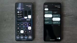 The Moto G Stylus 5G 2024 next to the Stylus 5G 2023 displaying the quick settings menu