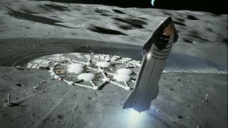 Artist's illustration of SpaceX's Starship vehicle near the moon.