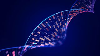 DNA molecular structure with sequencing data of human genome analysis on black background