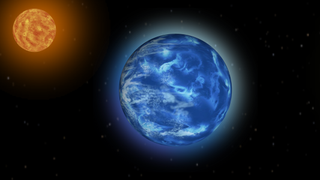 A firey orange sphere to the left of a partly shadowed blue and white sphere against a very dark background