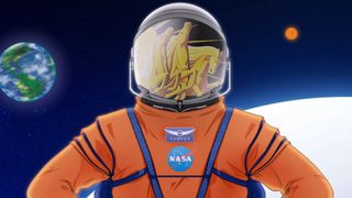 Art from NASA's comic book titled, "The Adventures of Commander Moonikin Campos and Friends" shows a figure dressed in NASSA orange flightsuit standing with their hands on their hips. The moon and Earth in the background.