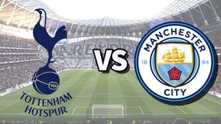 The Tottenham Hotspur and Manchester City club badges on top of a photo of Tottenham Hotspur Stadium in London, England