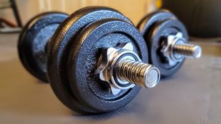 Amazon Basics Adjustable Dumbbells on a hard floor