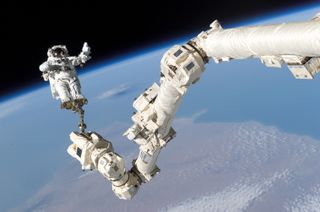 Canadarm2, a robotic arm outside the International Space Station, turns 16 years old this week! Its installation was completed on April 24, 2001. In this photo, NASA astronaut Stephen Robinson rides Canadarm2 during the STS-114 mission in 2005