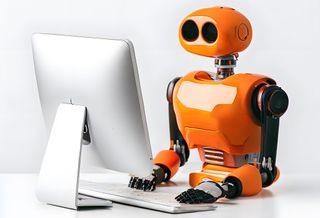 An orange robot representing Amazon coding at a computer