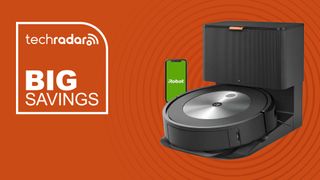 iRobot Roomba j7+ self-emptying robot vacuum on orange background with big savings sign