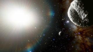 Artist's illustration of the newfound asteroid 2021 PH27 (foreground), which orbits the sun every 113 Earth days. That's faster than any other known solar system object except the planet Mercury (seen here below and to the left of 2021 PH27).