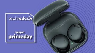Samsung Galaxy Buds 2 Pro on purple background with TR's Prime Day badge 