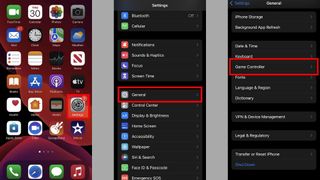 Screenshots showing: Opening Settings, tapping General, and tapping Game Controller.