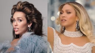 Miley Cyrus in the &quot;Work&quot; music video and Beyoncé holding a mic out in the trailer for the Renaissance tour.