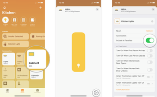 How to set your favorite accessories in the Home app on iPhone by showing steps: Tap and hold on an accessory, Tap the Settings Icon, Toggle on Include in Favorites