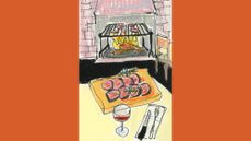 illustration of food and wine on table beside open fire in restaurant