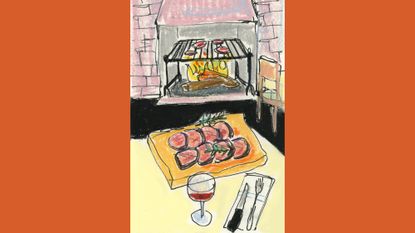 illustration of food and wine on table beside open fire in restaurant