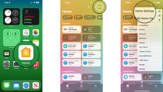 How to manage HomeKit accessory permissions in the Home app on the iPhone by showing steps: Launch the Home app, Tap the Ellipsis icon, Tap Home Settings.