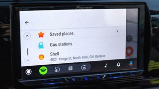 Saved locations on Waze running on Android Auto.