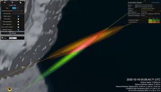 Still from a LeoLabs animation modeling a close approach between two big pieces of space junk on Thursday night (Oct. 15). The chance of a collision is higher than 10%, LeoLabs has calculated. 