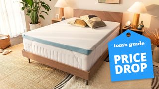 The Tempur-Pedic Tempur-Adapt Topper on a mattress in a bedroom, a Tom&#039;s Guide price drop deals graphic (right)