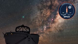 a giant pac-man like dome fully opens upward to the night sky, exposing the skeleton of the top of an extremely large telescope. The milky way and countless stars shine above.