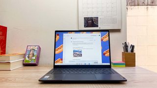 Lenovo Flex 5i Chromebook Plus review unit on a desk