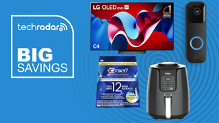 Collage of LG TV, Ninja Air Fryer, Blink Doorbell and Crest whitening strips on a blue background