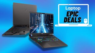 Two MSI Vector 16 HX RTX 4080 gaming laptops back to back in front of a blue background with a Laptop Mag deals icon