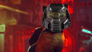 Orange cat from Stray wearing Doomguy's helmet against a orange backdrop 