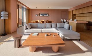 clay tones in the bedroom at Taoxichuan Hotel in China by David Chipperfield Architects.