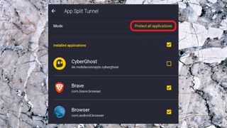 Split tunnling för CyberGhost i Android-appen.