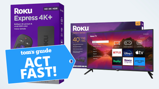 Silo of Roku streaming stick and TV on blue background with Act Fast badge