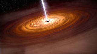 An artist&#039;s impression of the central engine of a quasar — the accretion disk around a supermassive black hole, and the jet of particles being blasted out at nearly the speed of light. 