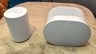 Sonos Era 100 and Sonos Era 300 in white on display at demo