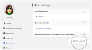 Delete a standard Nintendo account by showing: Click Delete Account