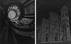 View of two side-by-side black and white photos. The first photo is of a staircase at Villa Farnese II, Caprarola, 2016. And the second photo is of Duomo, Florence, 2016