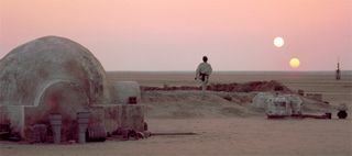 After discussing his future plans with his Uncle Owen, Luke Skywalker leaves the Lars Homestead and heads towards the vista to watch the twin suns of Tatooine set while he reflects upon his destiny. © Lucasfilm Ltd. & TM. All Rights Reserved.