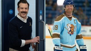 Ted Lasso smiling and Shoresy smiling while wearing a helmet and holding a hockey stick.