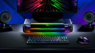 Razer Monitor Stand Chroma, an ergonomic monitor stand and USB-C hub combo with Chroma RGB lighting.