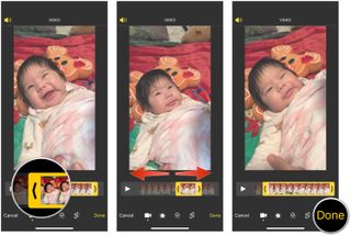 How to trim your video on iPhone and iPad by showing: tap and hold on the left or right side of the timeline, drag the anchors left and right to trim, or tap and hold for more precise editing, and then tap Done