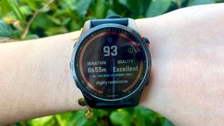 a photo of Garmin Body Battery stats shown on the Garmin Fenix 7S watch